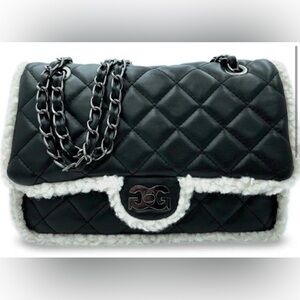 Gilda Paris Quilted Black Leather Bag with Faux shearling trim